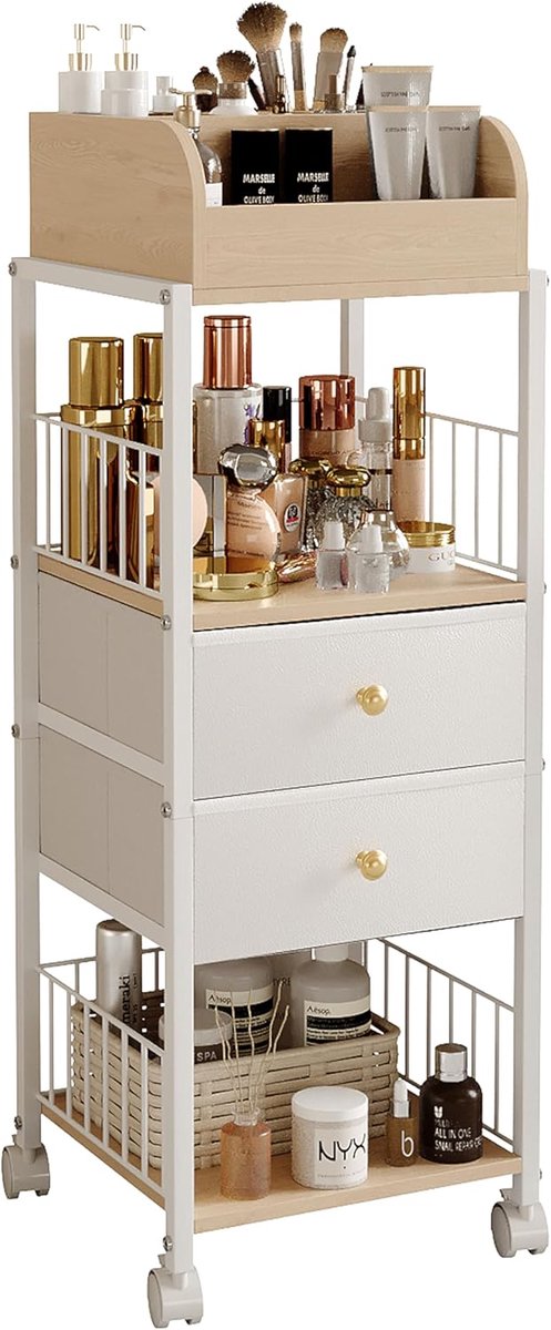 Vloer Make-up Organizer - Cosmetica Vitrine - Huidverzorging Opslag - Met Laden - 44x33x19 cm - Wit