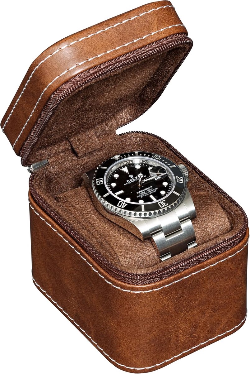 Horloge Reisetui - Compacte Horlogebox - Veilig Vervoeren - Compressibel Kussen - Tot 55mm - Bruin