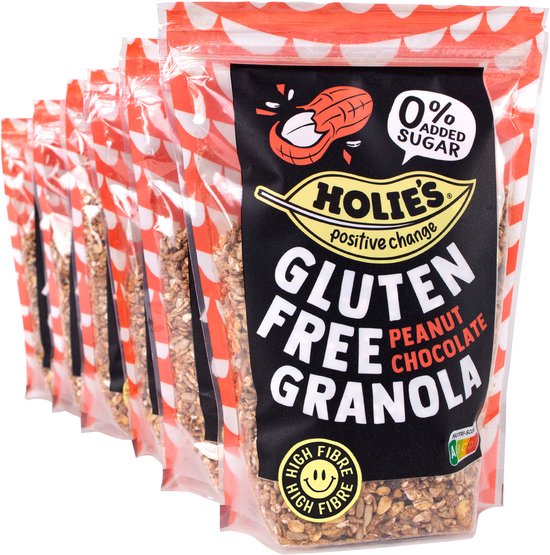 Rij van zes verpakkingen Holie's glutenvrije pindakaas cacaogranola. Zwart met oranje met witte stippen, met opschrift '0% toegevoegde suiker'.