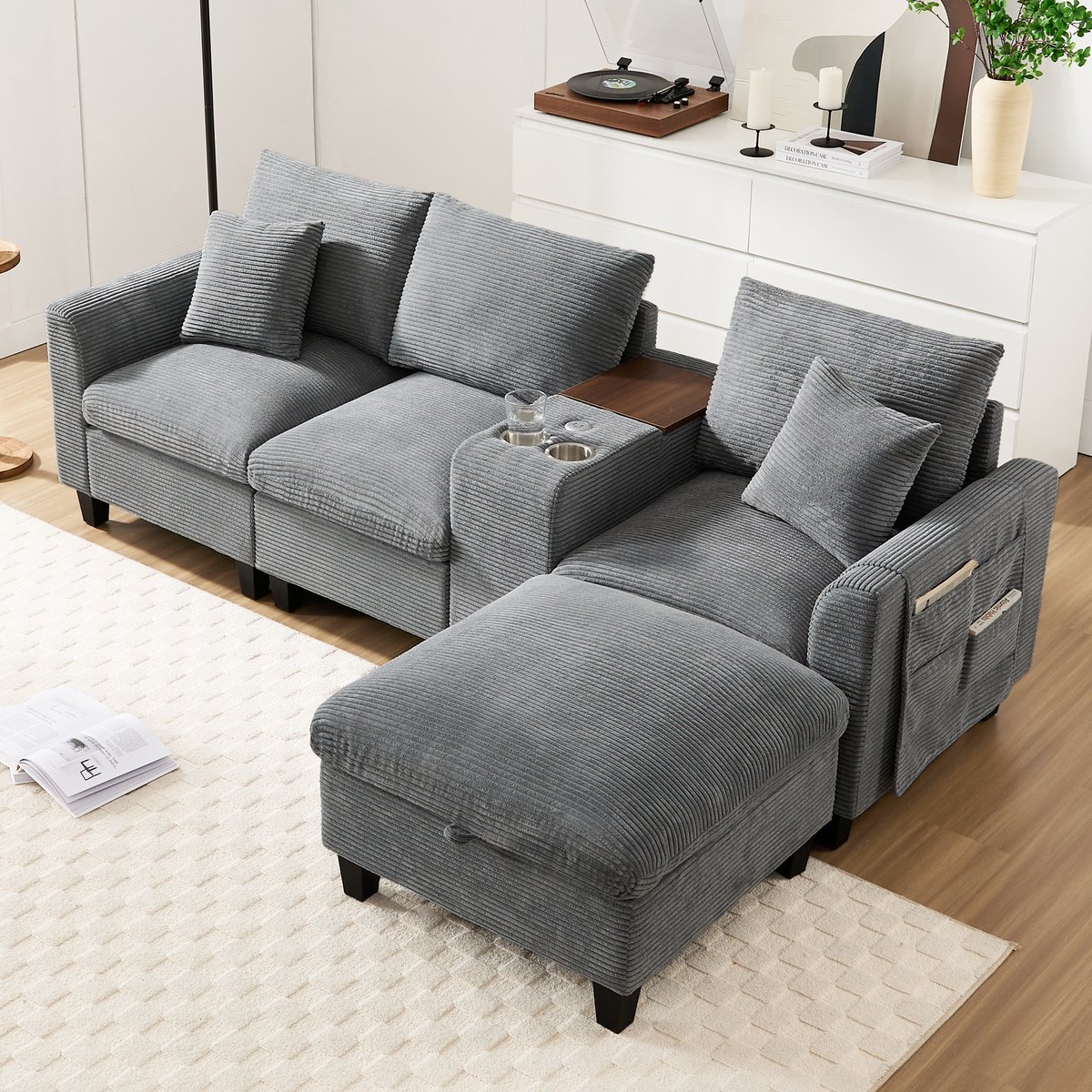 MODENUIT Hoekbank 229 x 149,5 cm - Met Usb, Bekerhouders En Opbergruimte - Voor Woonkamer - Cord Grijs