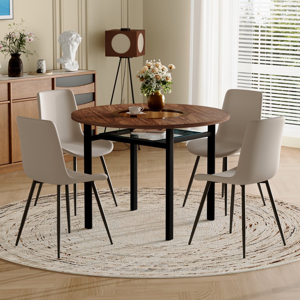 MODFU - Ronde Eettafelset - Met Glazen Inleg En Opbergplateau - Modern - Glas Metaal PU -