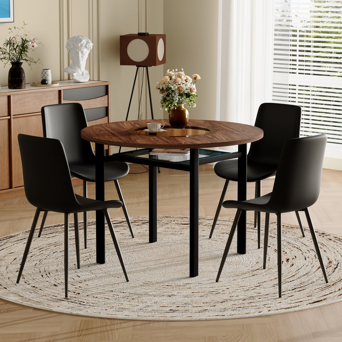 MODFU Eettafelset - Ronde Tafel Met Opbergplank En Stoelen - Minimalistisch - Voor Eetkamer - MDF Glas Metaal PU - Bruin Zwart - 100 cm Bruin+Zwart