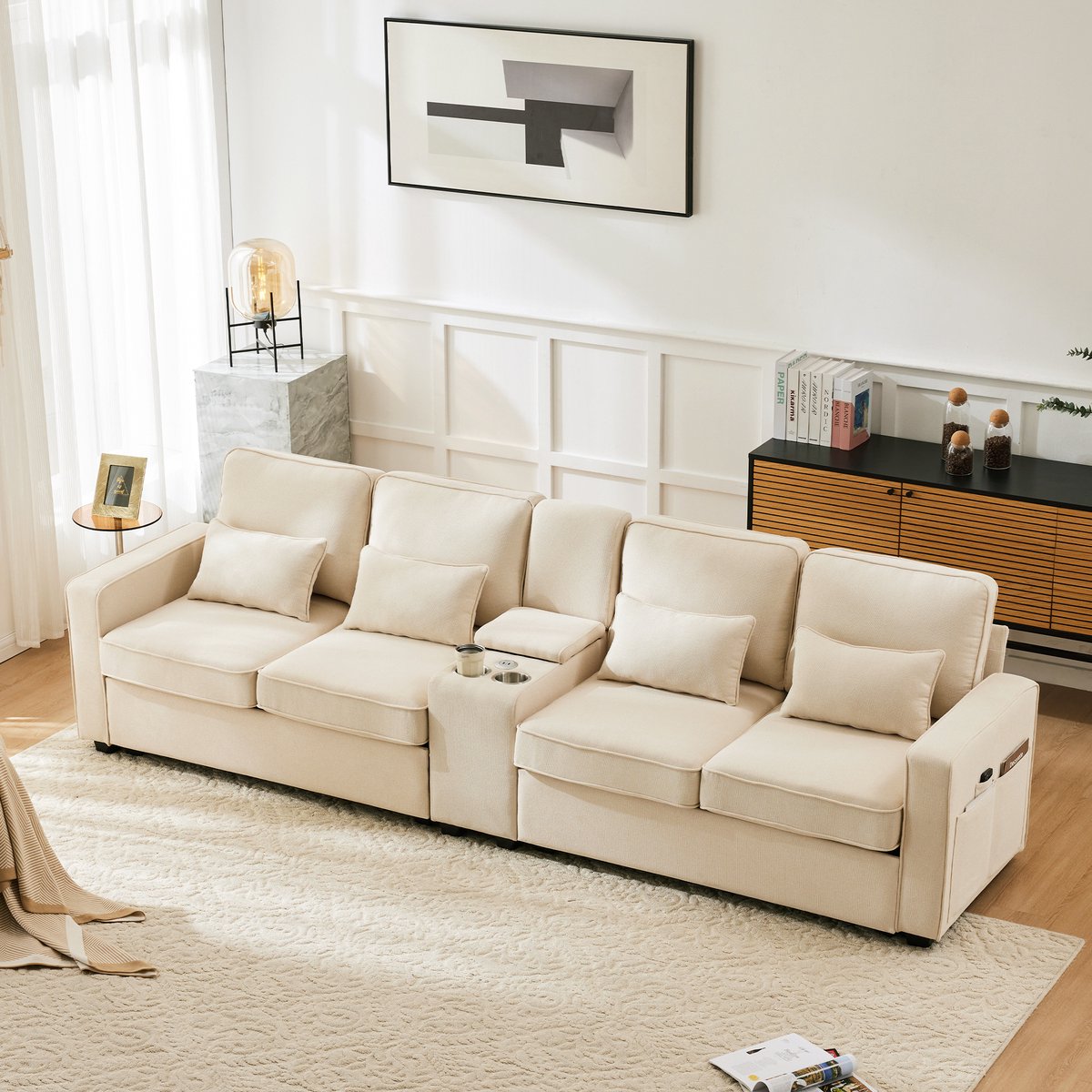 MODENUIT Sofa 290 x 83 cm - Met Usb, Bekerhouders En Opbergruimte - Voor Woonkamer En Kantoor - Linnen Beige