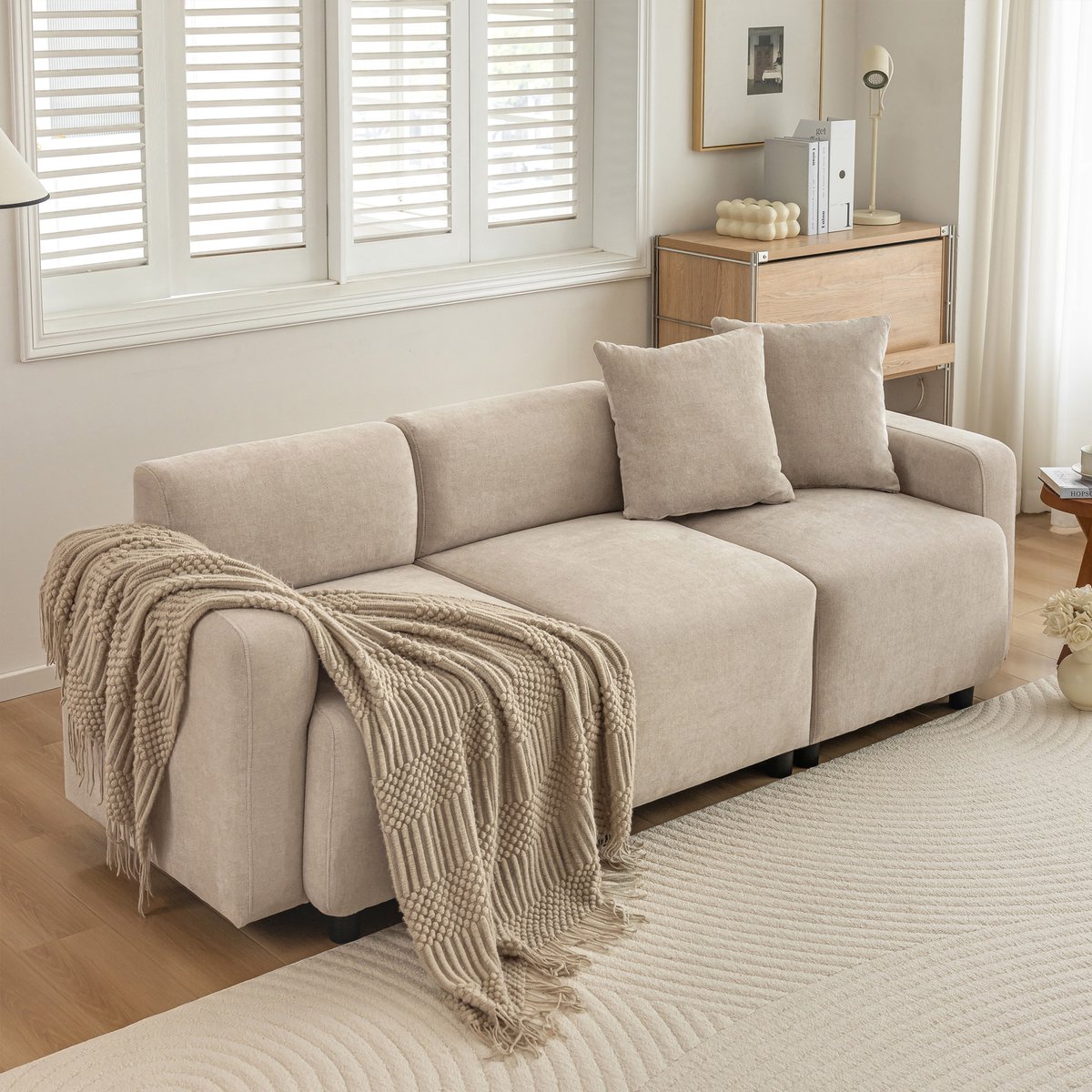 MODENUIT Sofa 211 cm - 3-Zits Met 2 Kussens En Hoge Rugleuning - Voor Woonkamer En Kantoor - Chenille Beige