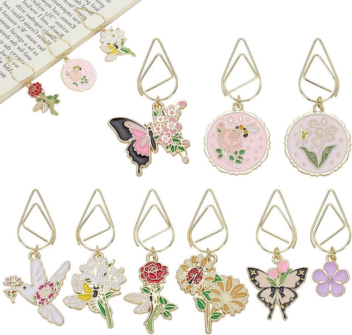 Bloemen Bladwijzers Set - Emaille Hangers - Metalen Boekenleggers - Vogel Thema - Goudkleurig Staal - Lezers Accessoires