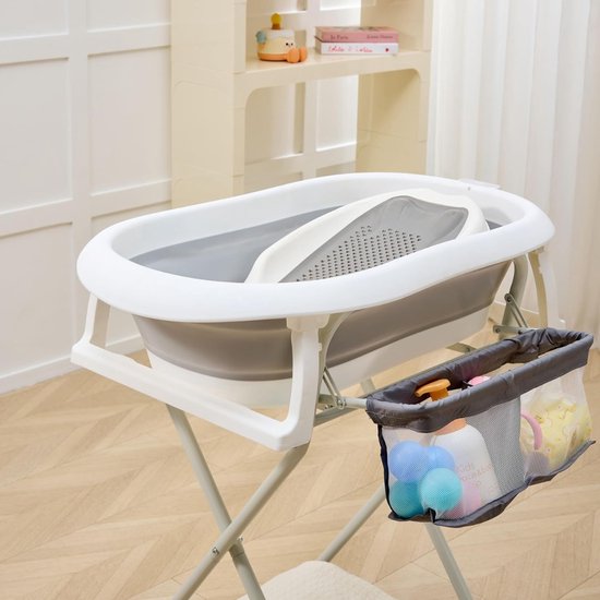 Aurixi® Baby Badje Met Standaard - Babybadje - Inklapbaar Bad Met Kussen - Bad Baby 50 Liter - Zitbad Met 4 Speelballen- Opvouwbaar Bad Kinderen - Baby badje - Bath Bucket - Opvouwbaar bad baby - Babybadset - Grijs - 82cm x 52cm x 20cm van Merkloos — afbeelding 3