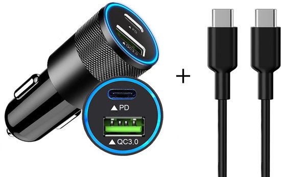 ThunderGold Autolader USB C + USB C kabel - Auto Oplader USB C - Auto Lader - USB Autolader - Autolader USB - Autoladers - Auto Snellader - USB Oplader Auto - Autolader USB C 2 Poorten - Auto Oplader USB