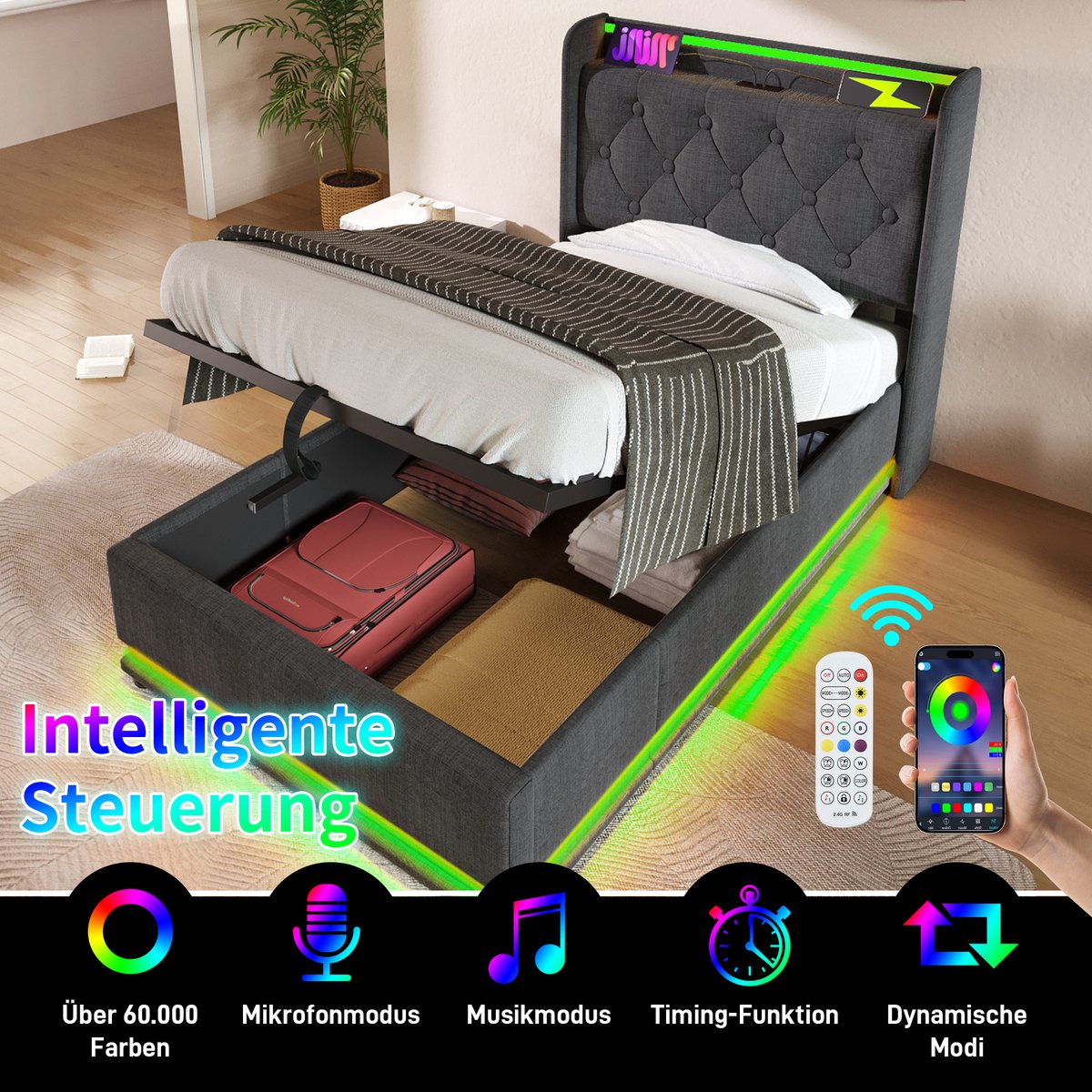 MIVRAY Gestoffeerd Bed 90x200cm - Rondom Led Verlichting Met Bediening - Met Opbergruimte - Linnen - Grijs - Zonder Matras