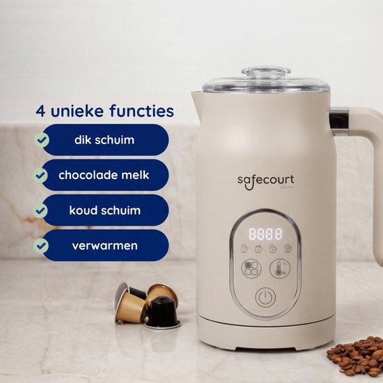 Beige melkopschuimer naast koffiecapsules en koffiebonen, met indicatie van 4 functies.