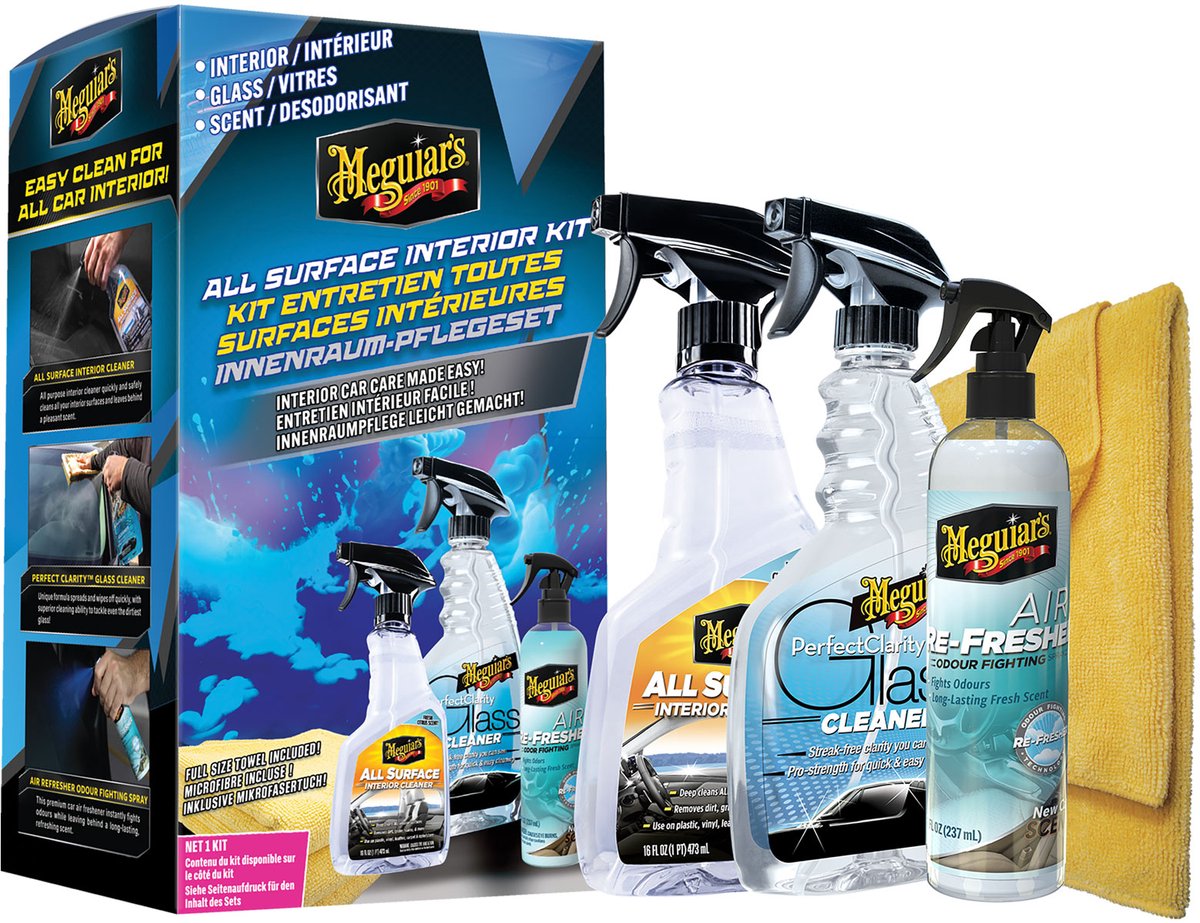 Meguiar's All Surface Interior Kit - New Car Air Refresher Trigger - Perfect Clarity Glass Cleaner - All Surface Interior Cleaner - Supreme Shine Microfiber Towel