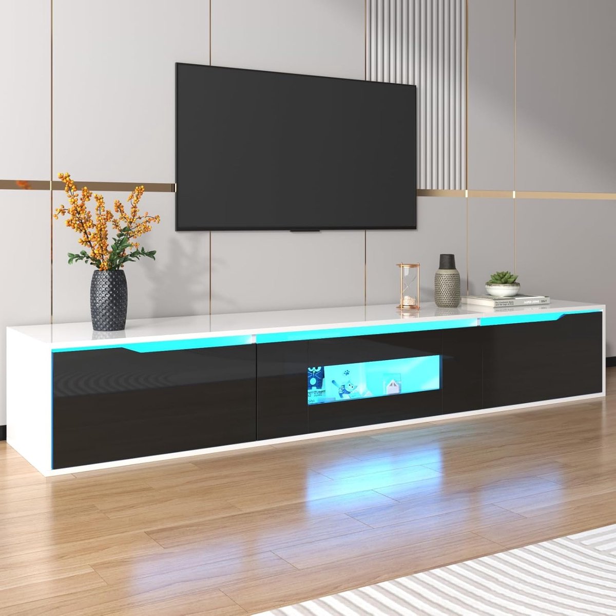Hangend TV Lowboard Urbanhome NovaLED – 180 cm moderne TV-kast met 3 deuren, kleurwisselende LED-verlichting, hoogglans zwart, moderne TV-tafel voor woonkamer en slaapkamer