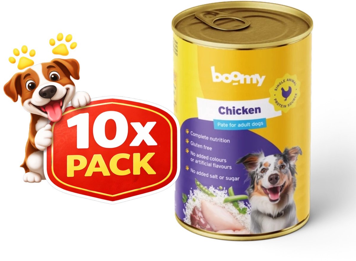 Boomy Boomy - Hondenvoer - Natvoer hond - Blikvoer hond - Mono proteïne - Glutenvrij - Kip smaak - Adult - 10 x 400g
