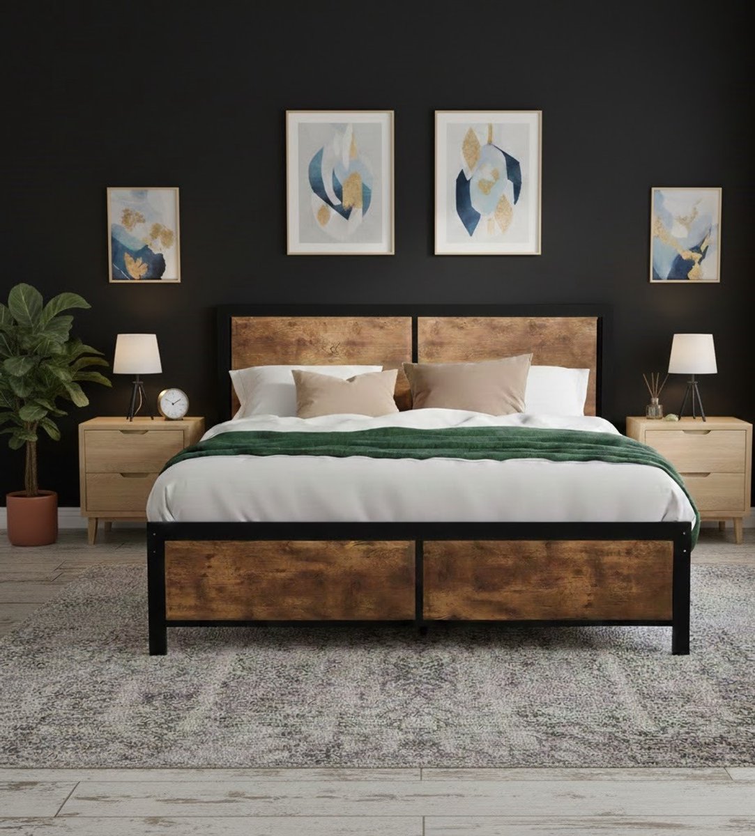 Retro Industrieel Tweepersoonsbed 140x200 cm – Stijlvol Houten Hoofdeinde en Robuust Metalen Bedframe met Lattenbodem, Extra Opbergruimte Onder Bed – Geluidsvrij en Duurzaam Slaapkamerbed, Vintage Bruin Furniture Land