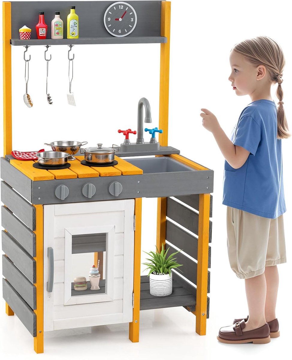 KOMFOTTEU Houten Modderkeuken - met fornuis - buitenkeuken - buiten speelkeuken - met gootsteen, kraan, oven, accessoires - voor jongens en meisjes vanaf 3 jaar