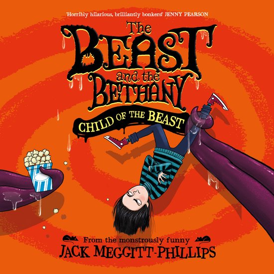 Boekomslag van 'The Beast and the Bethany: Child of the Beast' met Bethany die ondersteboven hangt aan een paarse tong, een bakje popcorn in de hand.