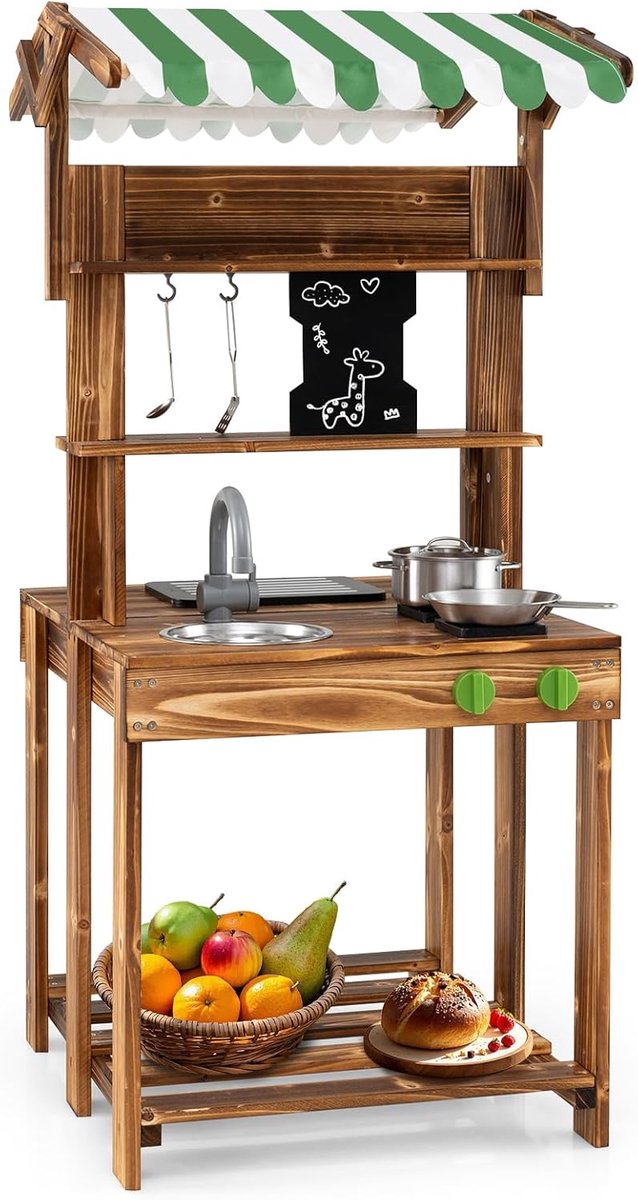 KOMFOTTEU Modderkeuken voor kinderen - dubbelzijdig - van hout - buitenkeuken - met zonnedak, bord, gootsteen en kraan en accessoires - buiten speelkeuken - -voor jongens en meisjes vanaf 3 jaar