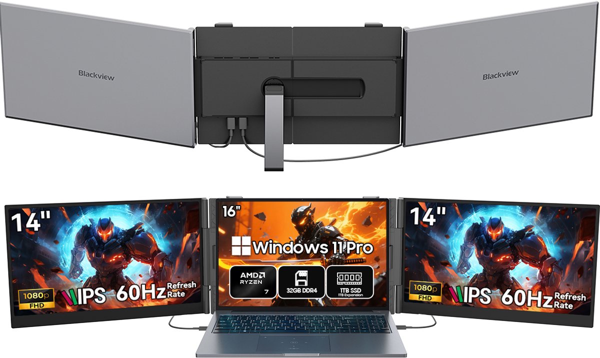 Blackview GamiBook8 Gaming Laptop (AMD Ryzen7 7735HS/32G/1TB) + DCM6 14" Dubbele Draagbare Monitor Set, Efficiënt Multitask Accessoires (Laptop Tas/Muis/Toetsenbordstickers, Grijs)