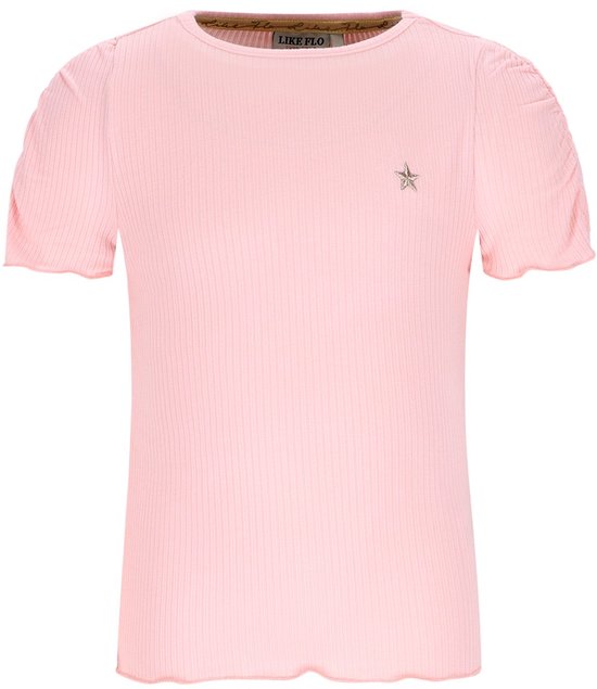 Lichtroze meisjes T-shirt met geribbelde stof, pofmouwen en een kleine ster applicatie op de borst.