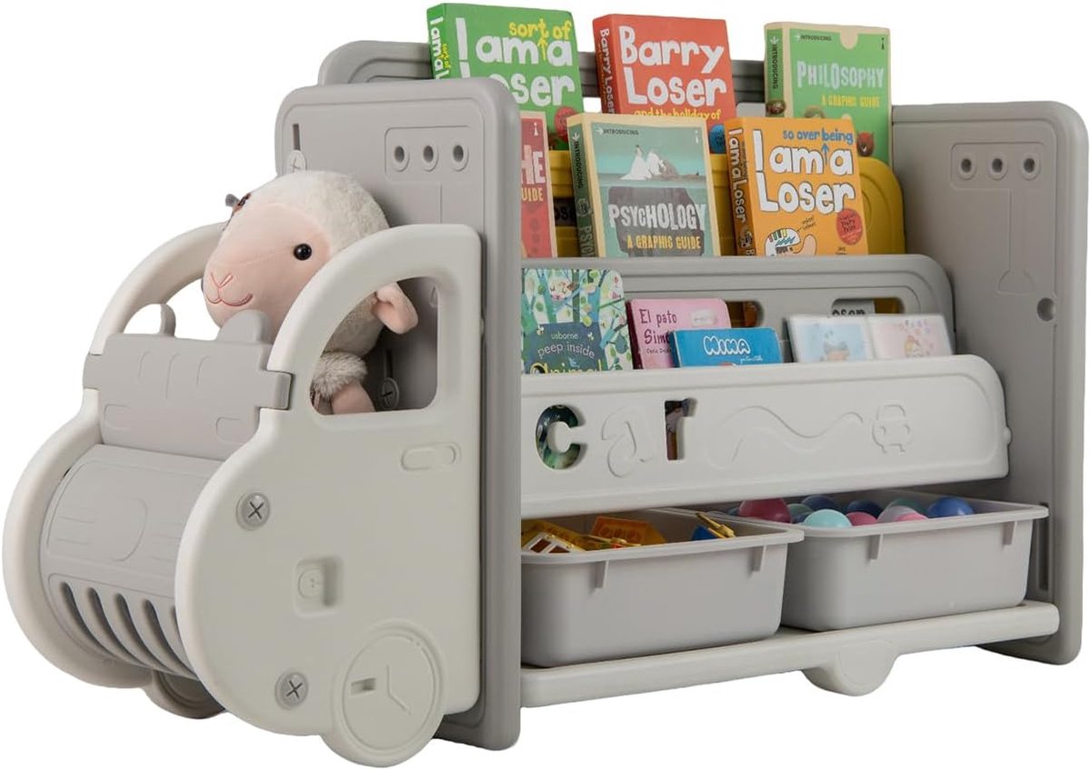 KOMFOTTEU Boekenkast voor kinderen, kinderrek in autovorm met 3 planken, 2 uitneembare opbergdozen, speelgoedrek, opbergrek voor kinderkamer, woonkamer en kleuterscholen