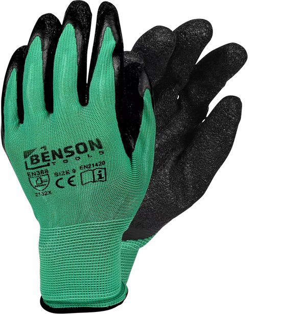 Groene werkhandschoenen met zwarte latex crinkle coating op vingers en handpalm. Maat 9.