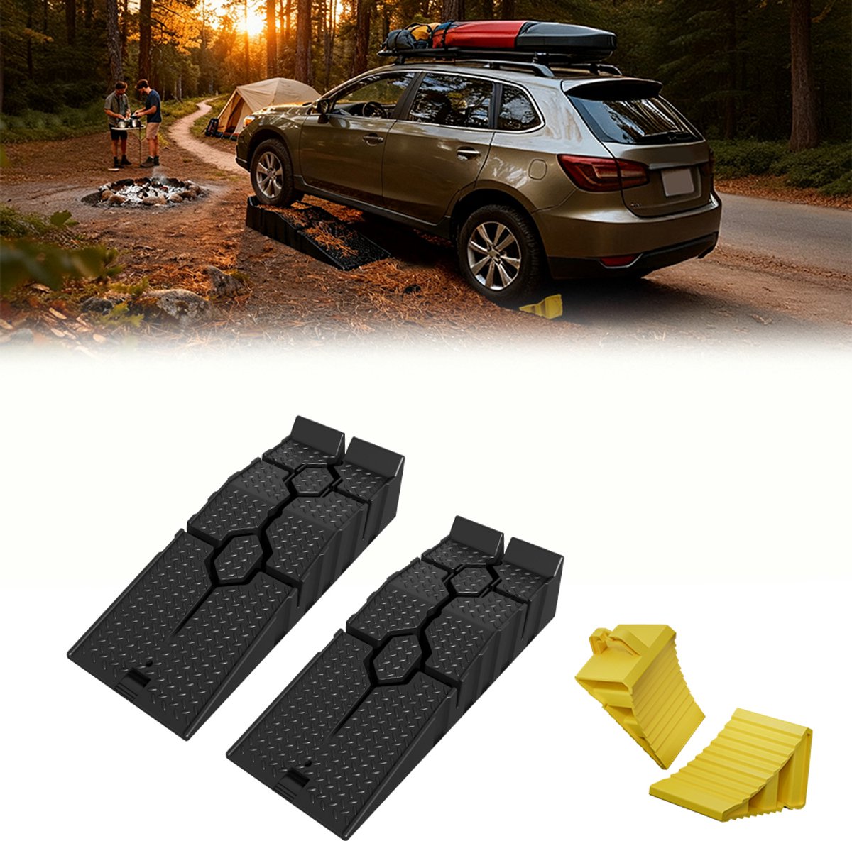 Aufun set van 2 oprijplaten voor auto’s – met 2 gele wielkegels – draagvermogen tot 5 ton – voor camper, aanhanger, garage, werkplaats, olieverversing en reparatie