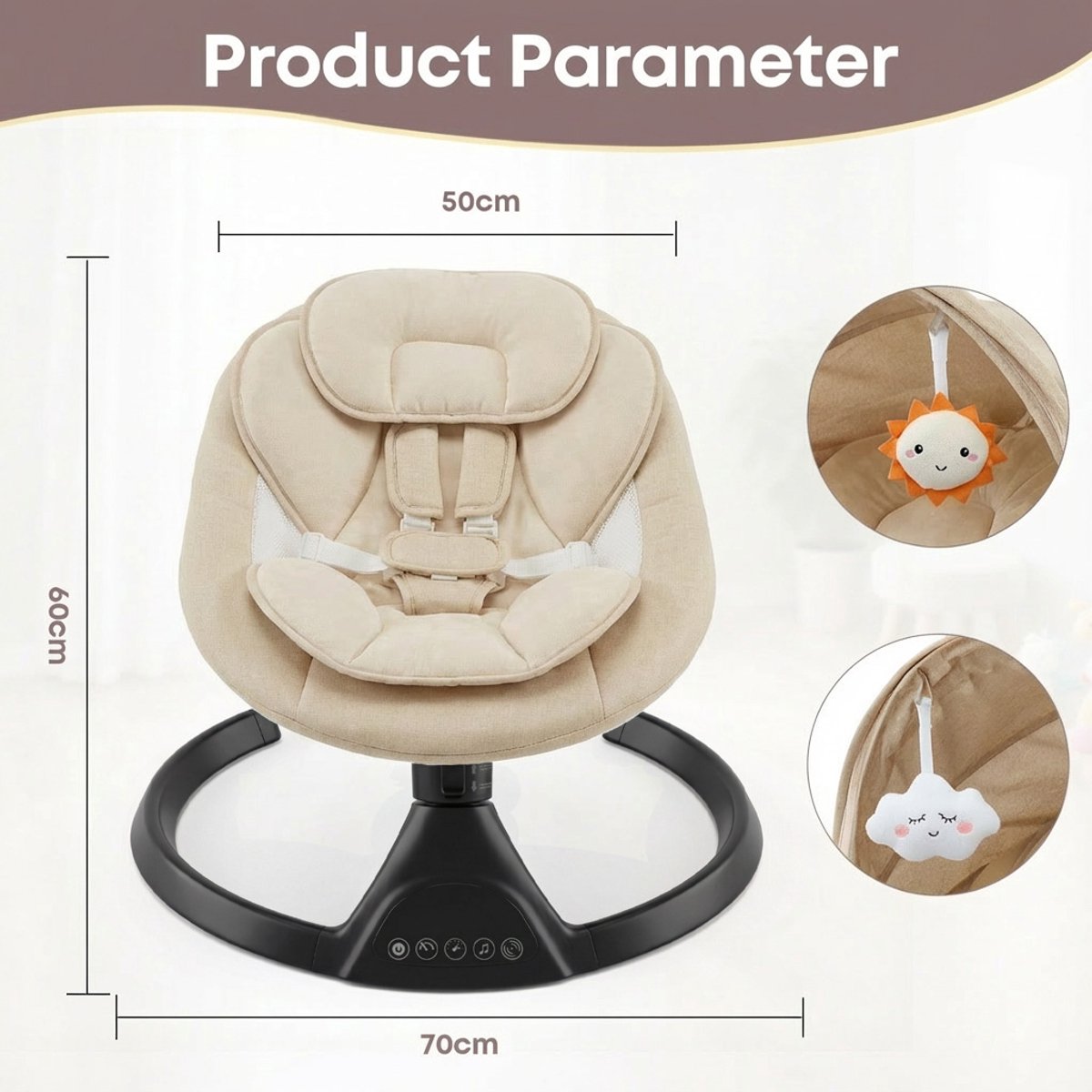 3Babies Baby Swing - Elektrisch Wipstoel - Beige en zwart thumbnail 6