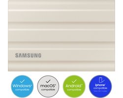 Samsung Portable T7 Shield - Externe SSD - USB C 3.2 - Inclusief USB C en USB A kabel - Geschikt voor iPhone USB C - 2 TB - Beige