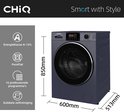 Lave-linge CHiQ bleu foncé avec dimensions 850x600x513mm et caractéristiques telles que classe énergétique A-15%, PureFlat, 16 programmes.