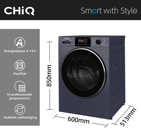 Lave-linge CHiQ bleu foncé avec dimensions 850x600x513mm et caractéristiques telles que classe énergétique A-15%, PureFlat, 16 programmes.