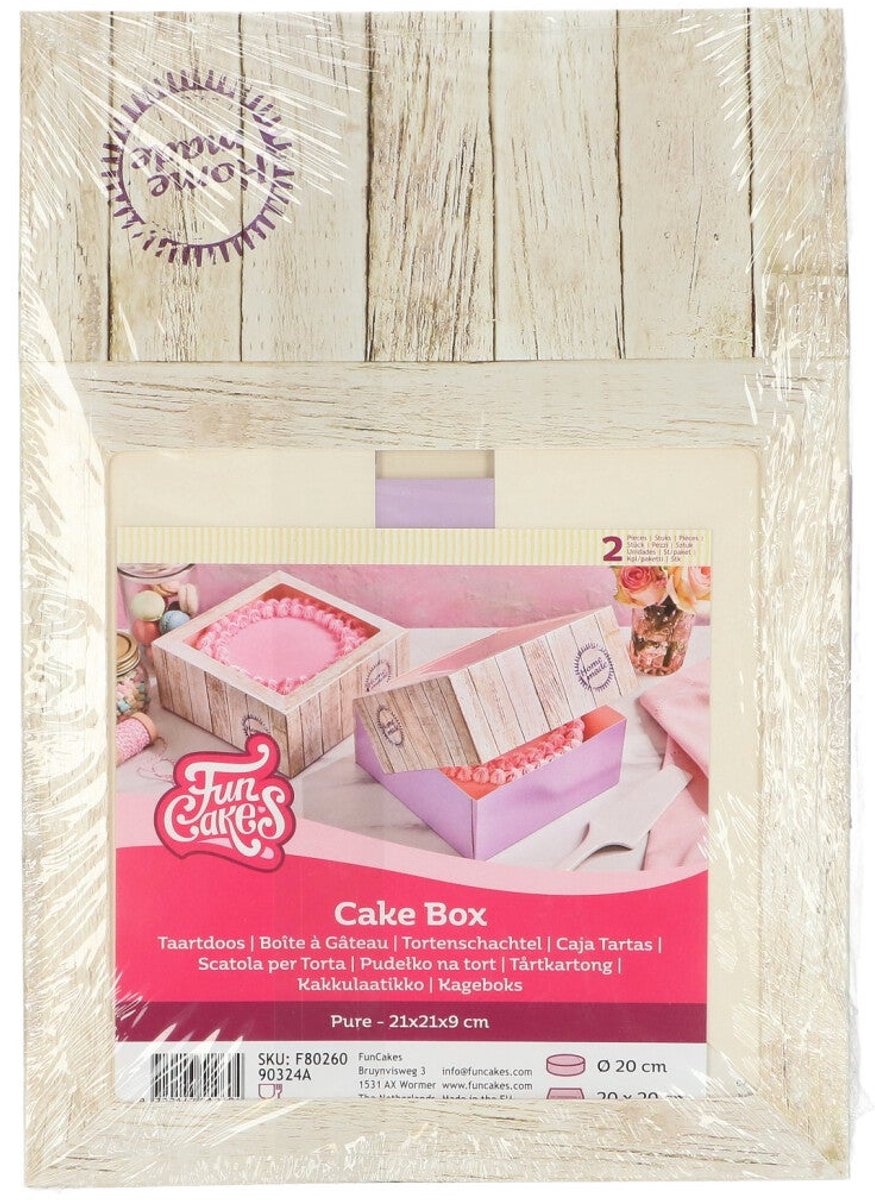FunCakes Pure Taartdoos met Venster Vierkant - Karton - Houtlook - 2 Stuks - 21x21x9 cm
