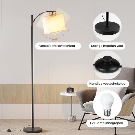 Lampadaire Glowy Noir - Lampadaire avec source lumineuse LED - Lampadaire à arc industriel - Lampadaire de lecture - 3 couleurs de lumière - Réglable
