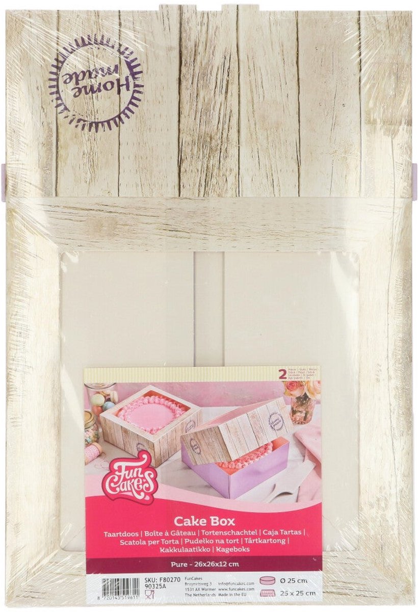 FunCakes Pure Taartdoos met Venster Vierkant - Karton - Houtlook - 2 Stuks - 26x26x12 cm