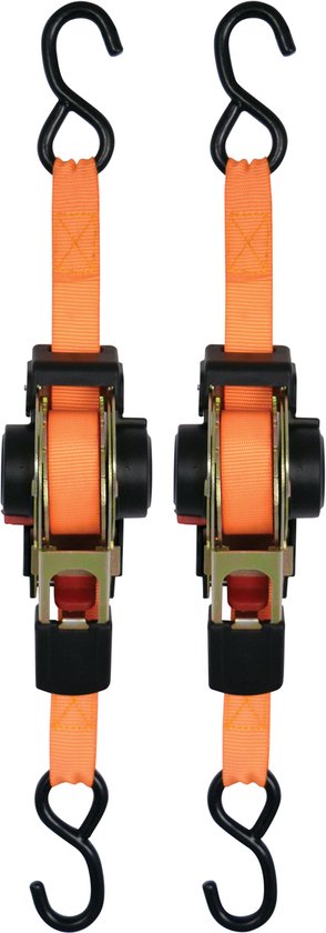 Twee oranje automatische spanbanden met zwarte S-haken en metalen ratel.