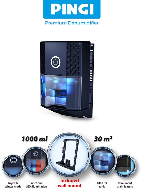 Pingi Vida 2 Elektrische Luchtontvochtiger - Automatisch moduleren - Vocht verwijderen met één druk op de knop - 1L tank