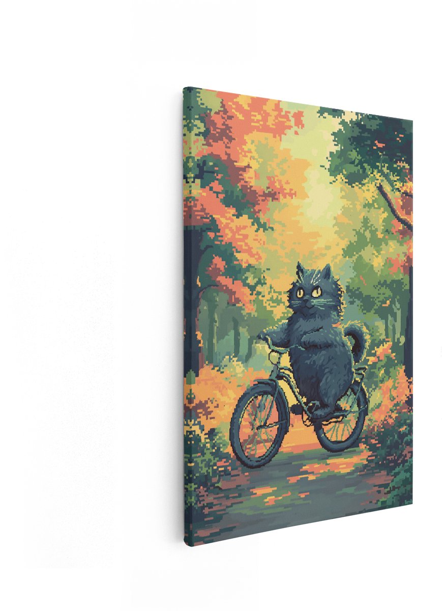 Artaza Canvas Schilderij Zwarte Kat - 40x60 cm - Wanddecoratie Pixel Art - Muurdecoratie Herfstbos - Decoratie Fiets