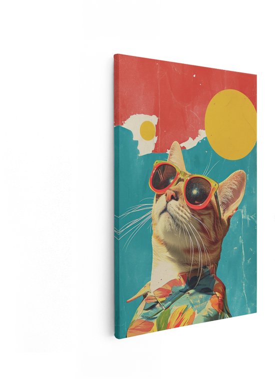 Artaza Canvas Schilderij Kat Met Zonnebril - 80x120 cm - Wanddecoratie Dieren - Muurdecoratie Pop Art - Decoratie Retro Vintage - Kleurrijk