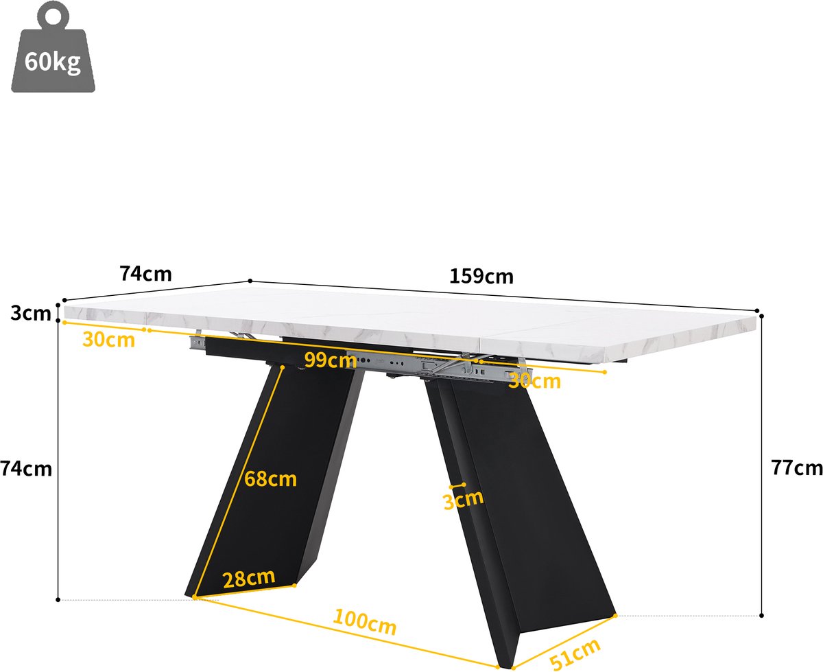 Uitschuifbare eettafel 140-179 -5×80 cm - keukentafel - metalen frame - rechthoekig - voor eetkamer en woonkamer - wit/zwart