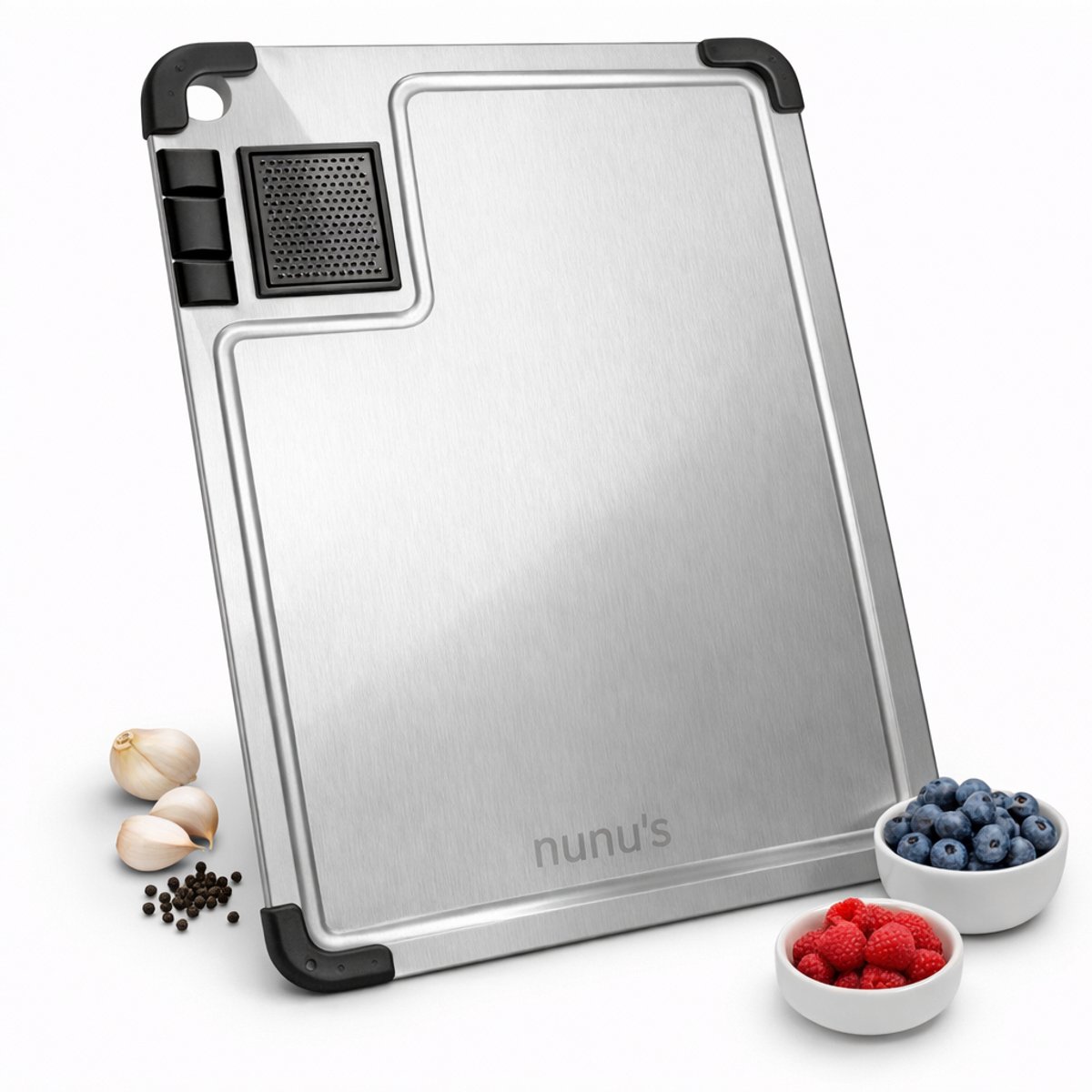 Snijplank RVS 36x25 cm – Met Rasp, Messenslijper & Sapgeul – Keuken
