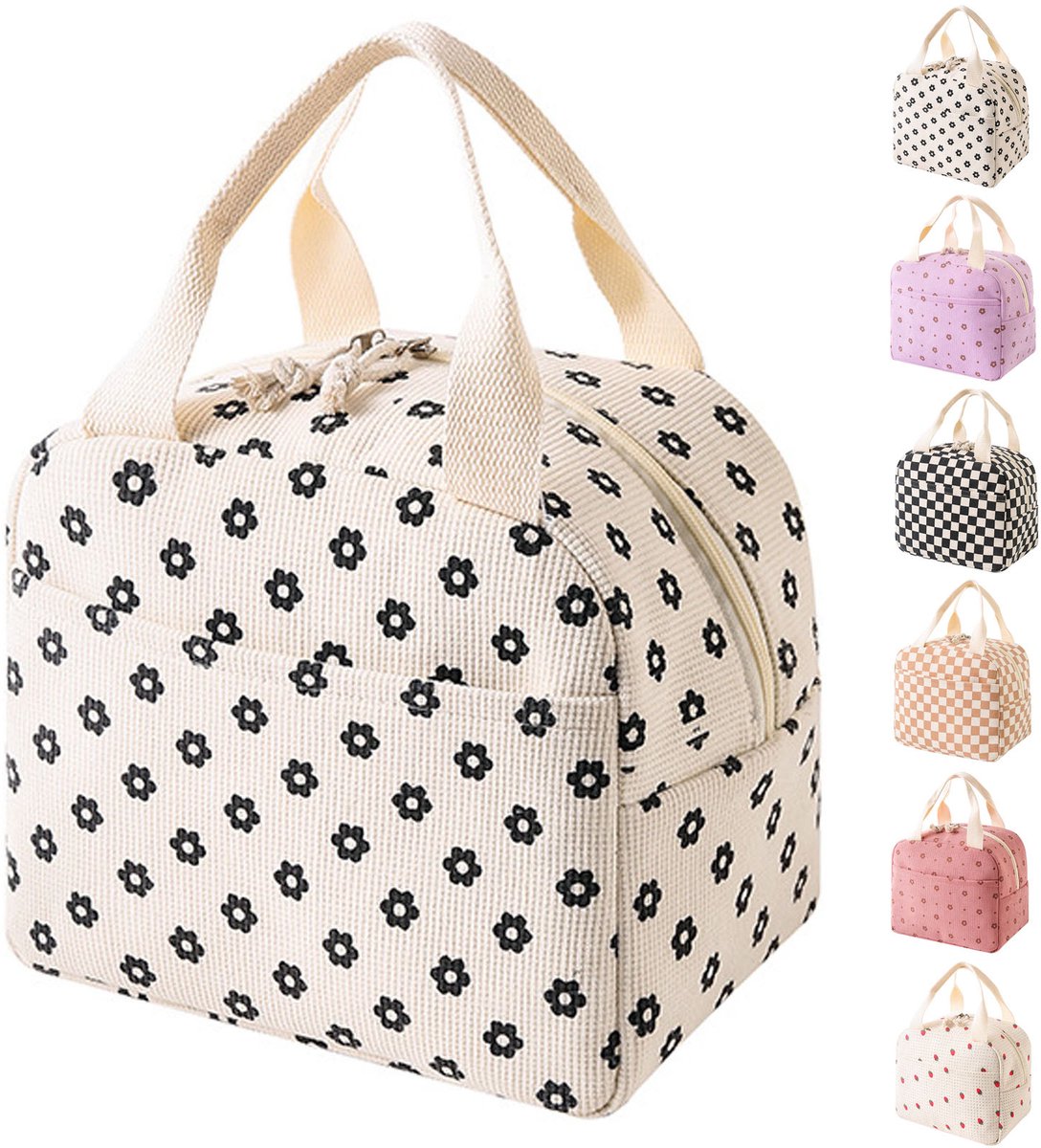 Leuke geïsoleerde lunchtas – Dames & Kinderen – Draagbaar en Multifunctioneel – Bloemenpatroon – Beige