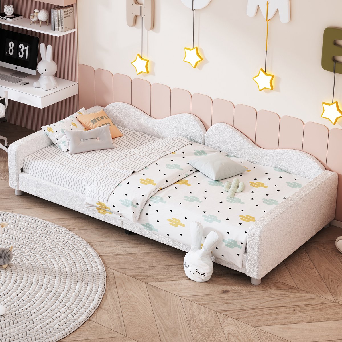 MIVRAY Gestoffeerd Kinderbed 90x200 Cm - Zacht Bedframe Met Rugleuning En Armleuningen - Voor Slaapkamer Of Woonkamer - Wit - Zonder Matras