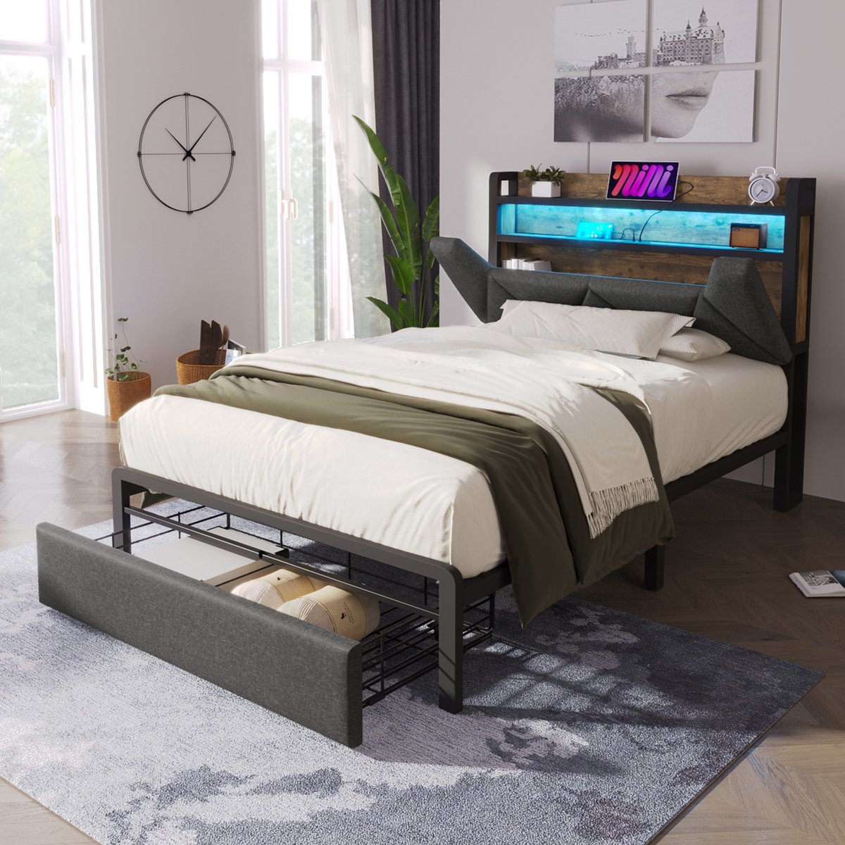 MIVRAY Gestoffeerd Bed 90x200cm - Eenpersoonsbed Met LED Verlichting En USB En Type C Aansluiting - Met Opbergruimte - Linnen - Grijs - Zonder Matras