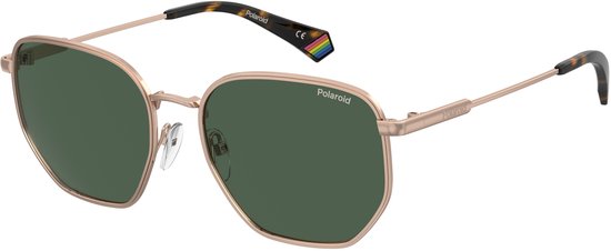 Roze gouden zonnebril met groene glazen, 'Polaroid' logo op glazen en pootjes. Poots zijn schildpadkleurig.