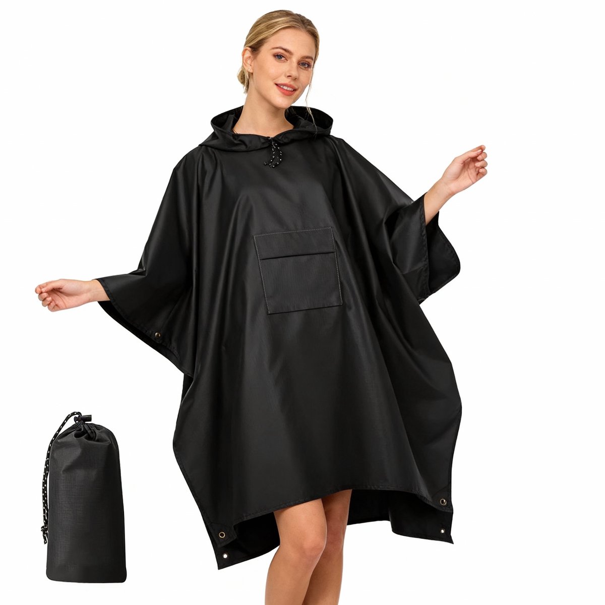 GOODEVN Regenponcho Waterdicht & Winddicht - Met Ingebouwde Opbergtas - Unisex One Size - Ideaal voor Fietsen, Festivals en Wandelen - Zwart