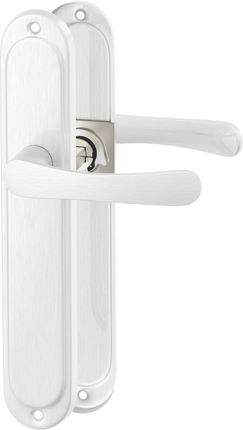 Twee zilverkleurige deurkrukken met langschild, voor- en achterkant, met zichtbaar sleutelgat.