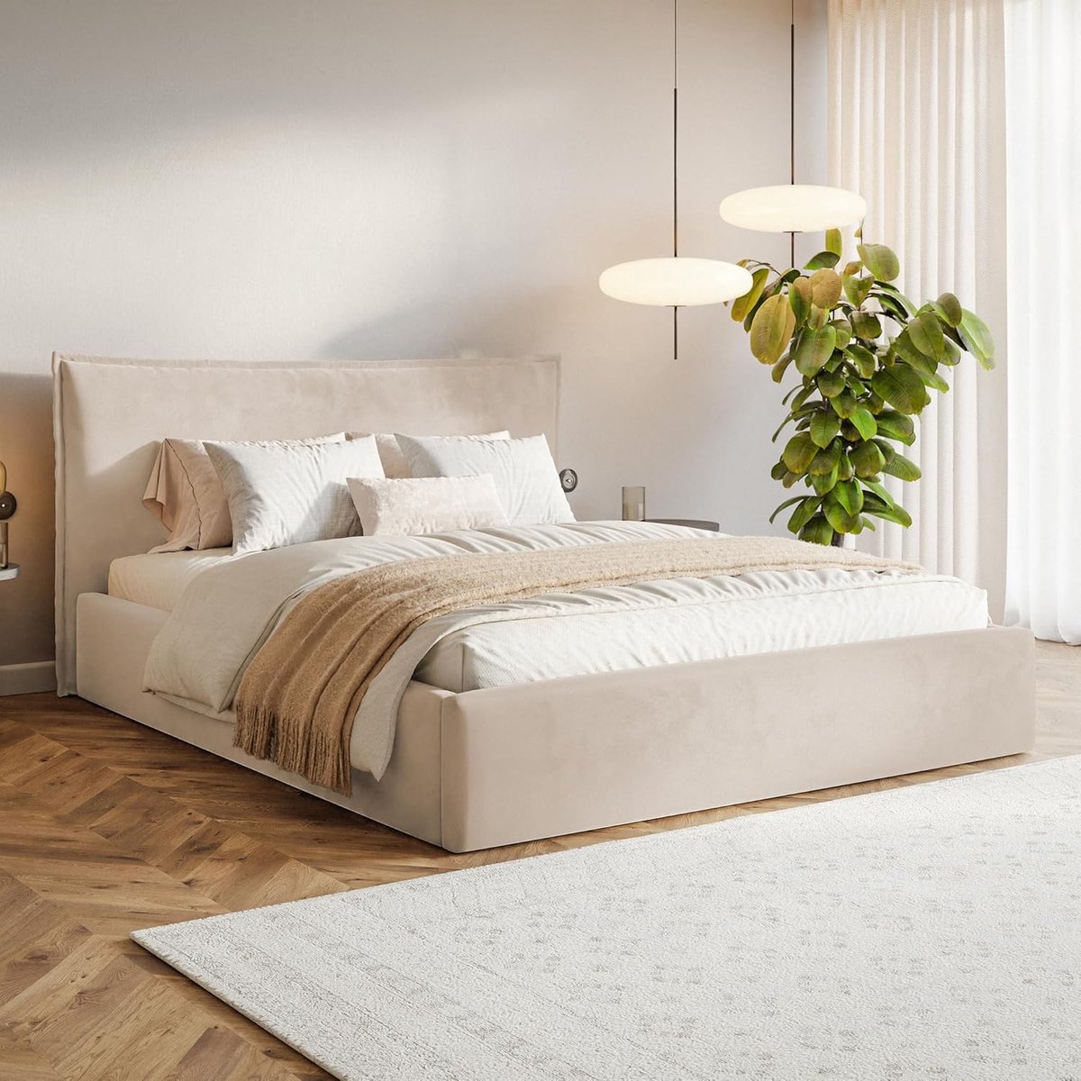 Leno 200x200 Beige Velvet Storage Bed with Headboard and Slatted Bed Base – Modern Upholstered Bed with Underbed Drawer, No Mattress – Premium Fluweel Bed by Pauwhome