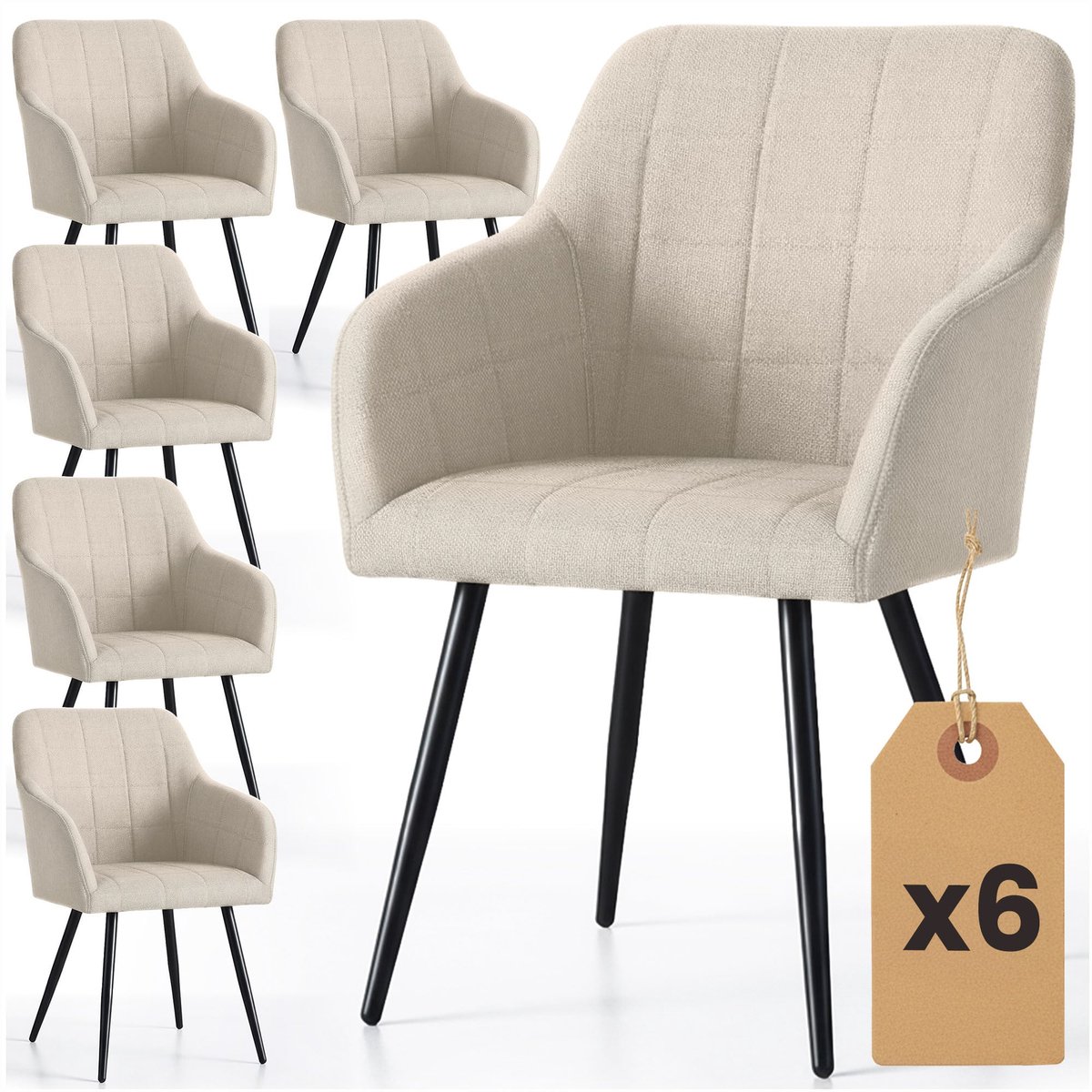 Set van 6 Eetkamerstoelen LUXANO met Armleuningen / Gestoffeerde Stoelen en Metalen Poten / Lumos-stof / Beige met zwarte benen