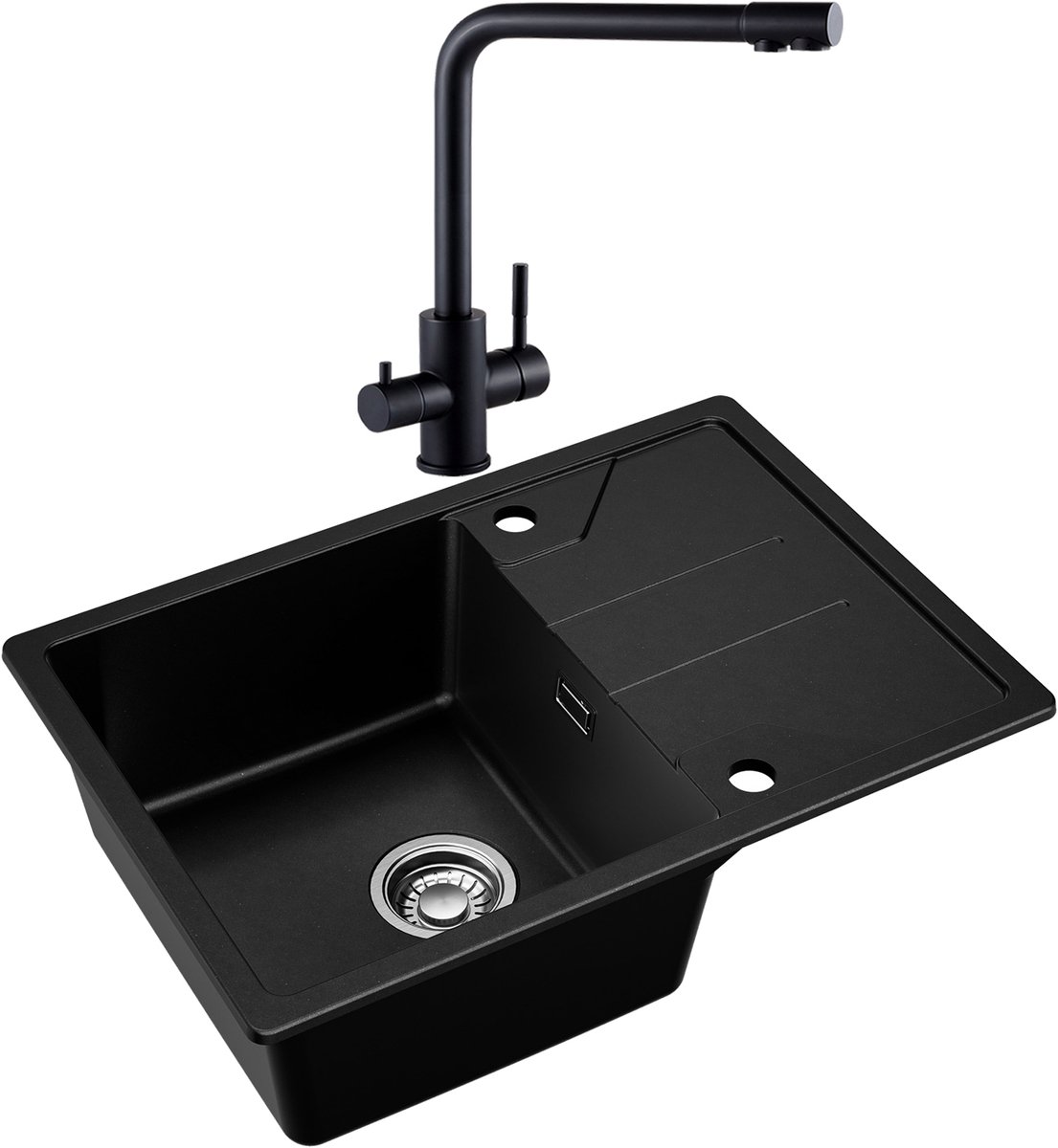 DERW MAX Spoelbak Keuken 65x45CM - Granieten Spoelbak Met 3 Wege Keukenkraan - Spoelbakken Keuken Zwart - Spoelbakken Met Afdruip - Opbouw Spoelbak