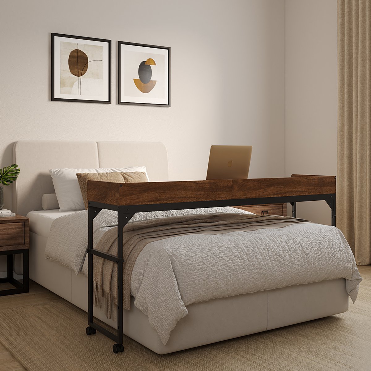 DreamDesk Bedtafel Op Wielen Verstelbare Tafel Voor Over Bed Bed Tafel - 140 cm - Bedtafels - Verrijdbaar - Laptoptafel met wielen - Bedtafeltje - Verstelbaar - Laptop - Overbed tafel - Sta Bureau - Espresso Brown