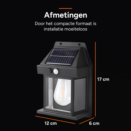 Afmetingen van de solar buitenlamp: 17 cm hoog, 12 cm breed en 6 cm diep.
