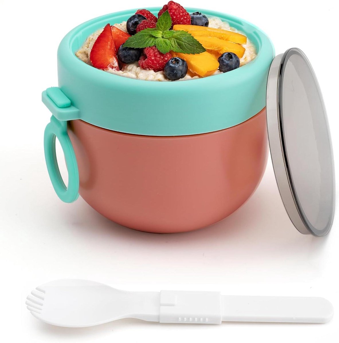 Yoghurtbeker en Mueslibeker to go voor Kinderen - Lunchpot met Klaplepel - Smoothiebowl en Pap - Handige Beker voor Ontbijt, Lunch en Snacks - 600 ml - Nordic Red